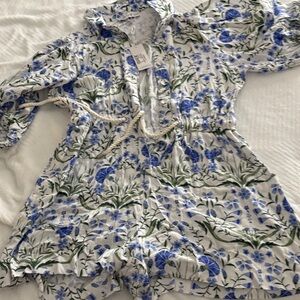 Petal & Pup White Romper with Blue and Green Floral Design